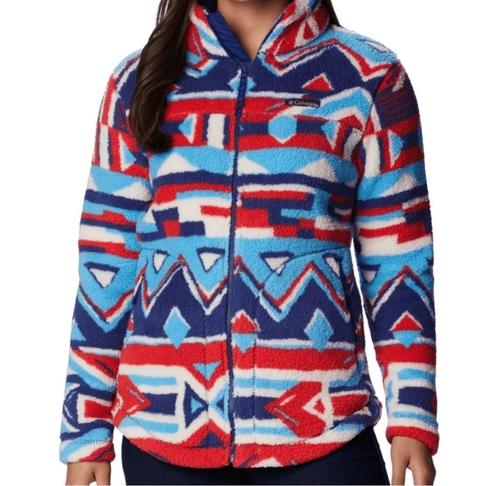 NWT Columbia Red and Blue Patterned Fleece Jacket - Multiple Sizes Available